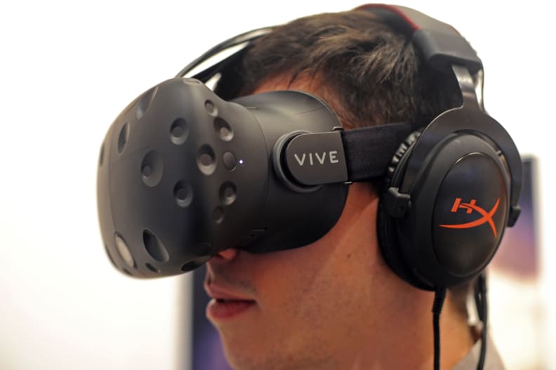 The sensors and camera built into the front of the headset help create a detailed render of the environment for the chaperone system.