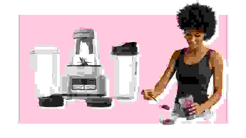 Ninja Smoothie Maker accessories and person using the appliance on a pink background