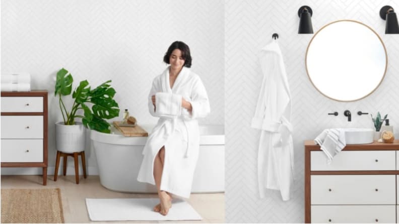 A woman in a white bathrobe.