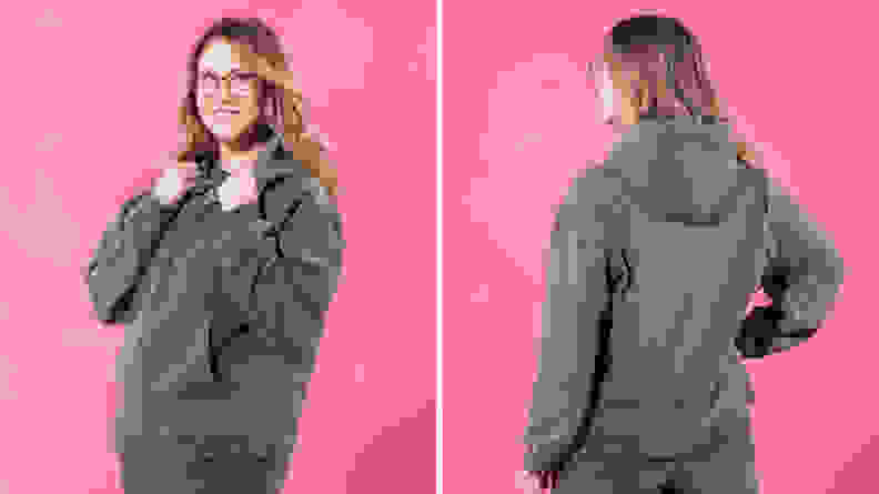 The author models the Elwood Core Hoodie