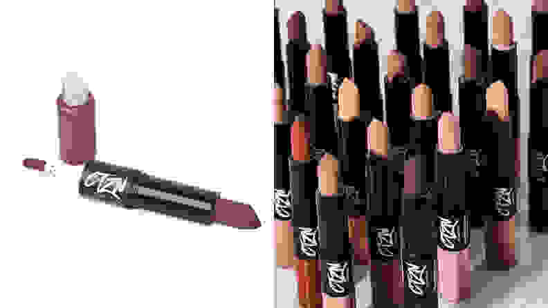 On the left: A dual-ended lipstick. On the right: An array of nude-toned lipsticks standing up.