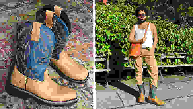 A pair of Wolverine boots on the left, and a man wearing Wolverine boots on the right.