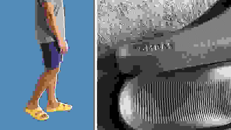 A close-up of the Bombas logo on a pair of sandals, and also a model wearing the same sandals in yellow.