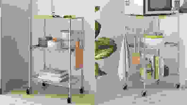 Side-by-side images of a kitchen pantry cart in two different kitchens