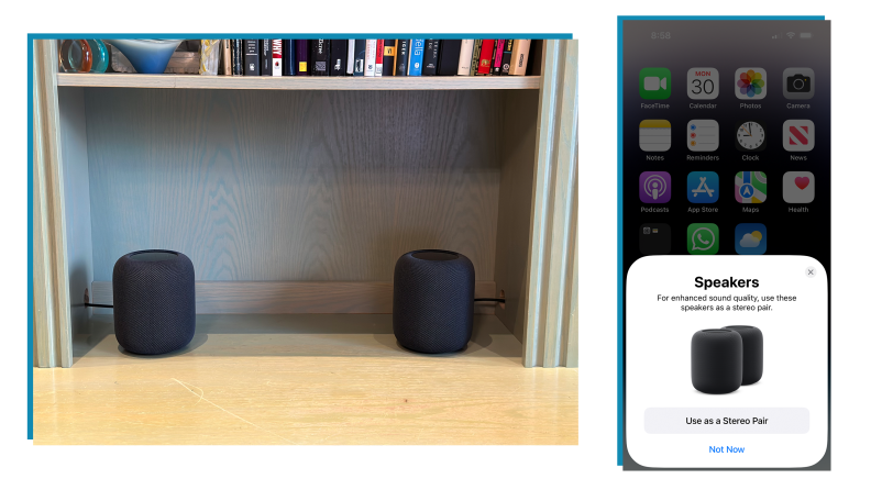 The left image shows two Apple HomePods on a shelf, while the right image is a screenshot of an iPhone pairing the two HomePods together.
