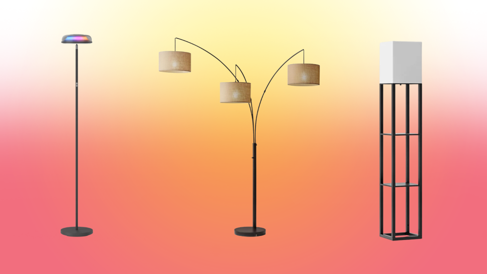 The floor lamps stand on a red background with a yellow glow center