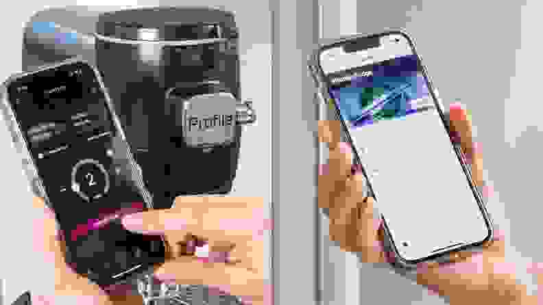 Left: hand using GE appliance on smartphone with stand mixer in background. Right: hand holding smartphone with Home Connect app open