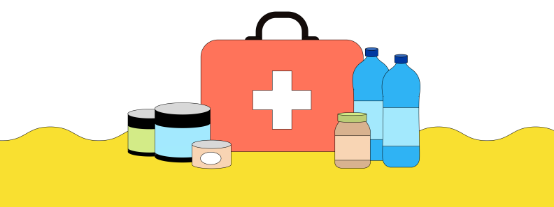 Cartoon graphic of emergency preparedness kit that includes first aid kit, water, food and other items.