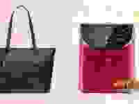 a black coach bag, a red air fryer on a pink sparkly background