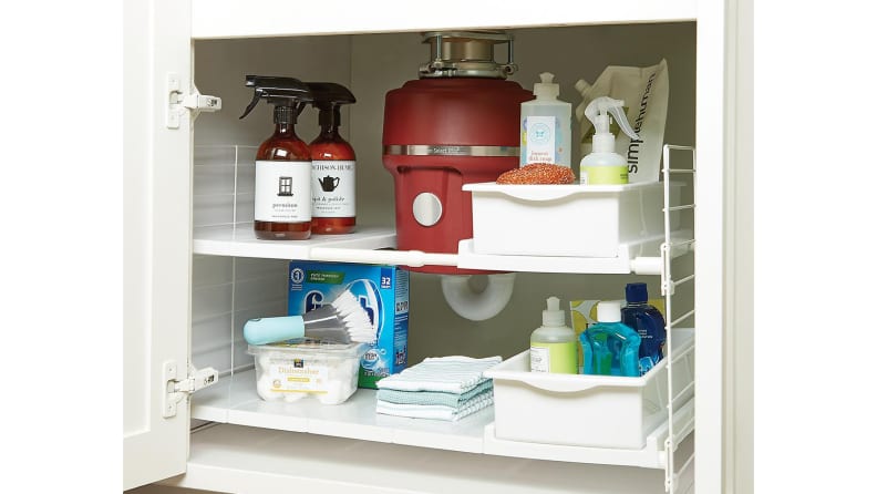 There's never enough room for everything in the bathroom vanity. This unit has shelves and bins.
