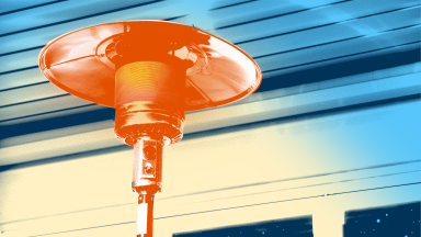 With a poppy art style, the image shows an outdoor heater against a porch background.