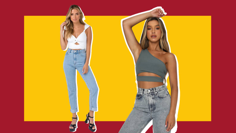 On left, model wearing white sleeveless top and high-waisted jeans. On right, model wearing gray sleeveless crop top and acid-wash jeans..