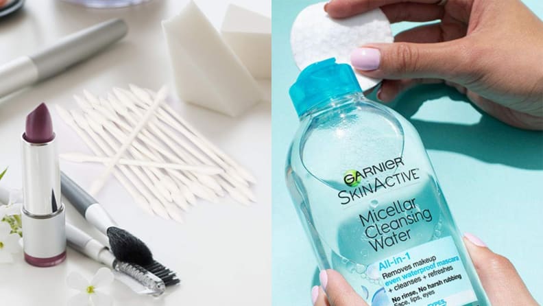 On the left: Cotton swaps sitting on a vanity. On the right: A bottle of makeup remover and a cotton pad.