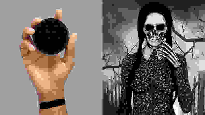 On the left: A hand holding a container of black paint. On the right: A person painted as a black and white skeleton.