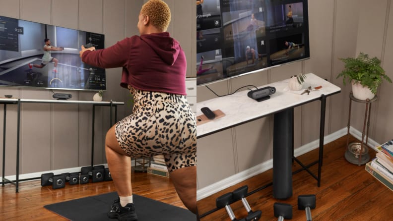 Person working out while using the Peloton Guide in their living room at home.