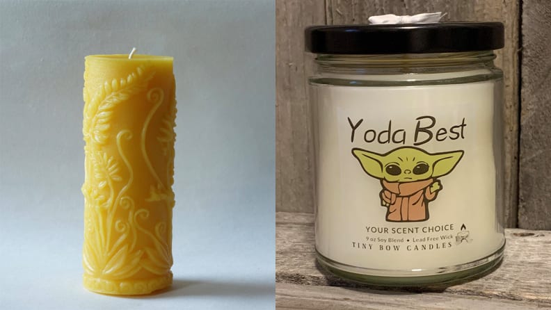A split image of candles from Etsy, one of the best places to buy candles online.