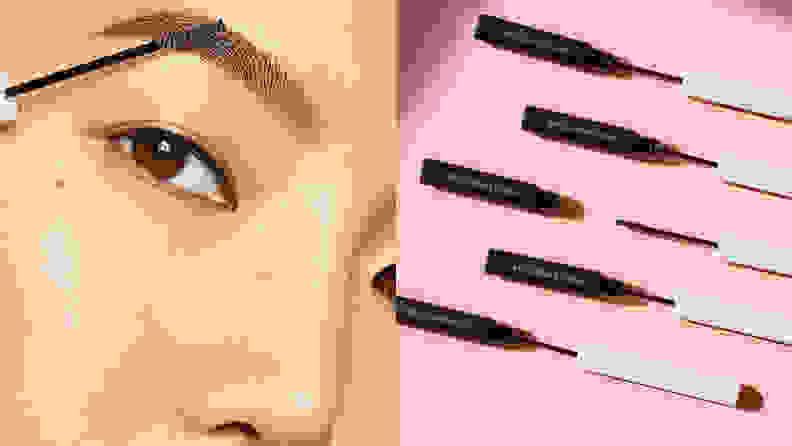 On the left: A closeup on someone's eye with a spoolie held up to their eyebrow. On the right: Several thin tubes of eyebrow gel lay across a pink background.