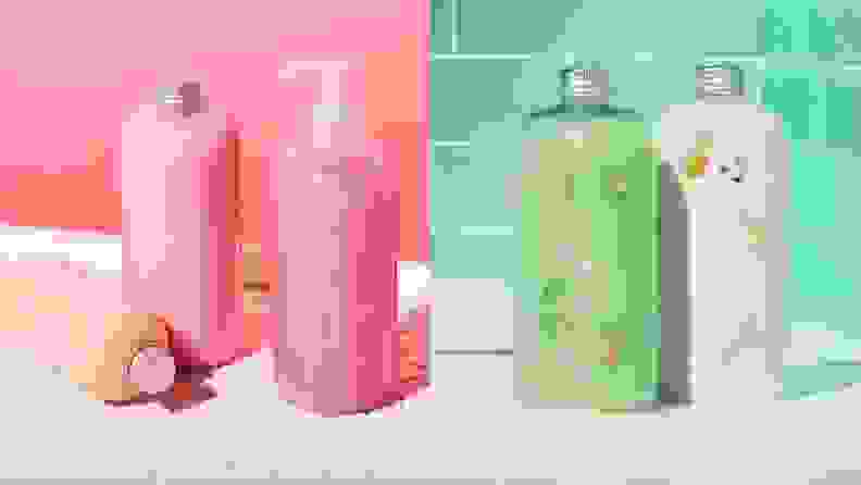 On left, pink hair product bottles in front of pink tile background. On right, green and white hair product bottles in front of green tile background.