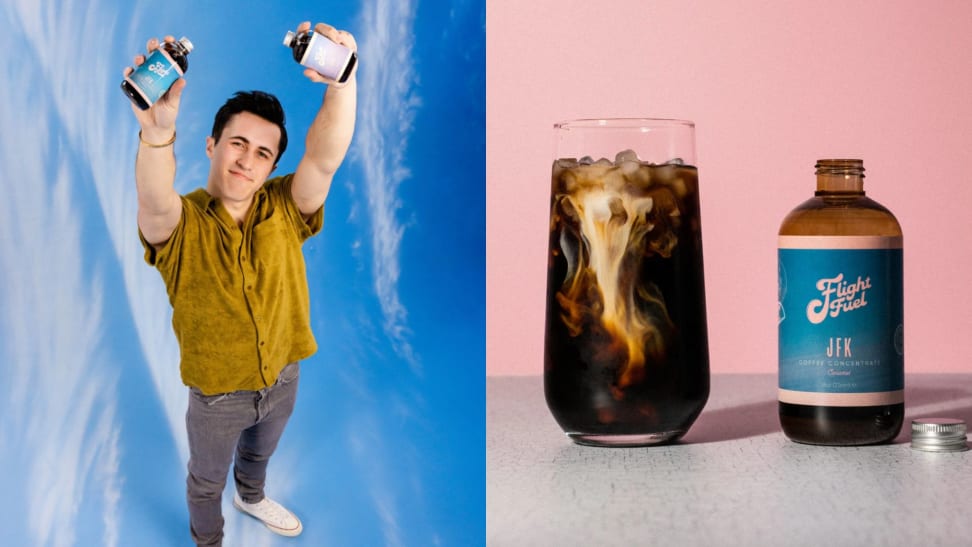 Left: photo of Chris Olsen holding coffee concentrate bottles. Right: class of cold brew beside a bottle of concentrate