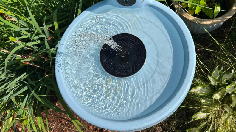 Close up of the water basin on A Birdfy Bath Pro stands in a garden