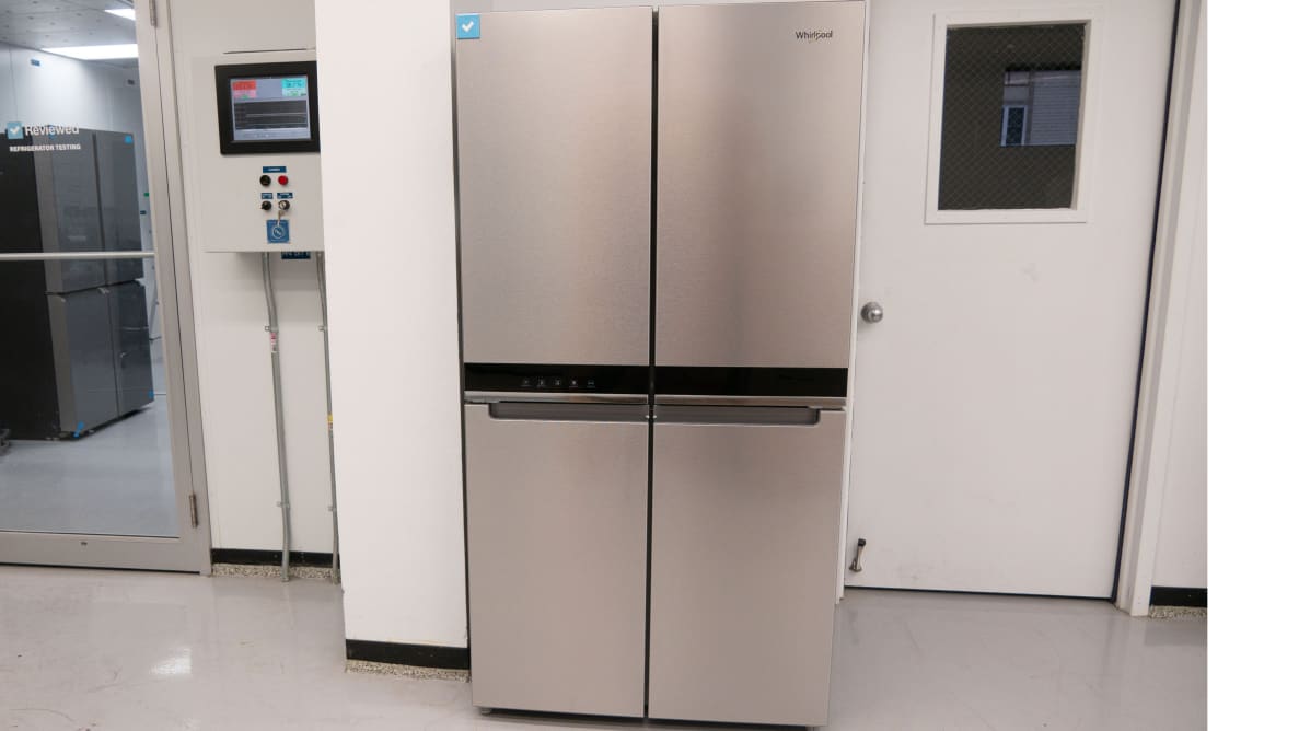 A close-up of the Whirlpool WRQA59CNKZ 4-door French-door set up outside our fridge testing labs.