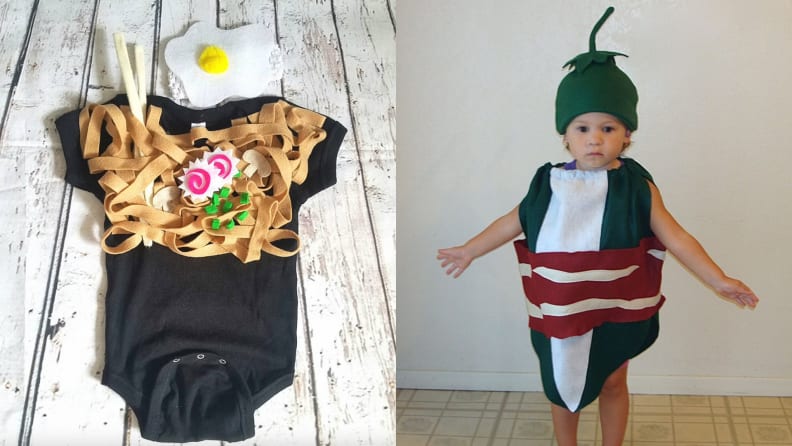 Child's ramen Halloween costume. On right, child dressed as jalapeño popper Halloween costume.