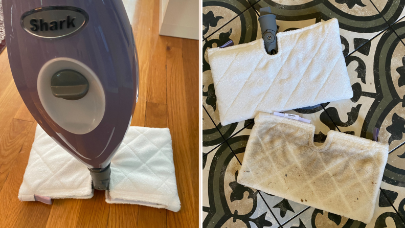 A split image of the Shark Steam Pocket Mop being run over a hardwood floor and the dirty underside of the microfiber pad.