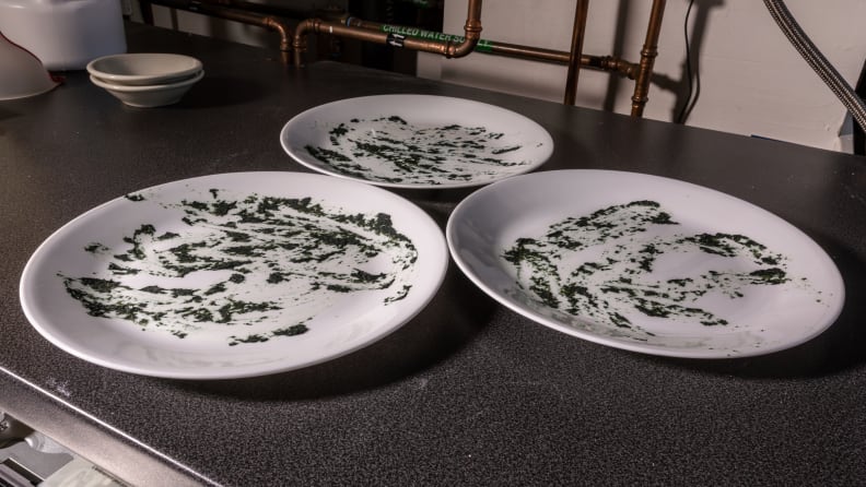 These plates are covered in dried spinach, a stain that plagues even the best dishwashers.