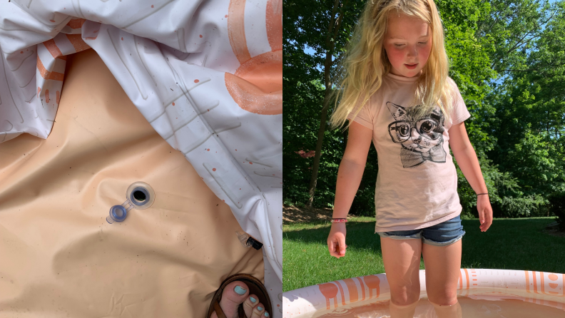 On left, water release drain plug on center of pool floor. On left, young girl standing in the Minnidip Sunkissed Terracotta inflatable pool.