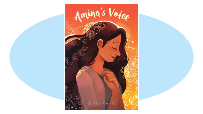 Cover of Amina's Voice over blue oval over white backtround