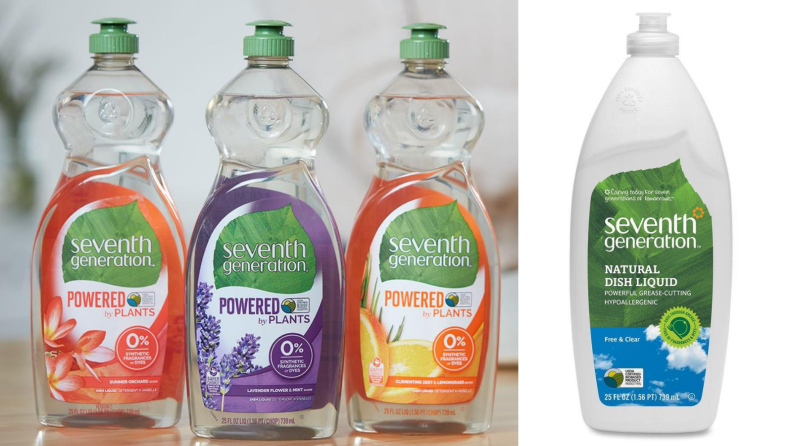 Two images, the first of three bottles of Seventh Generation soap side by side and the second of a white bottle of Seventh Generation soap.