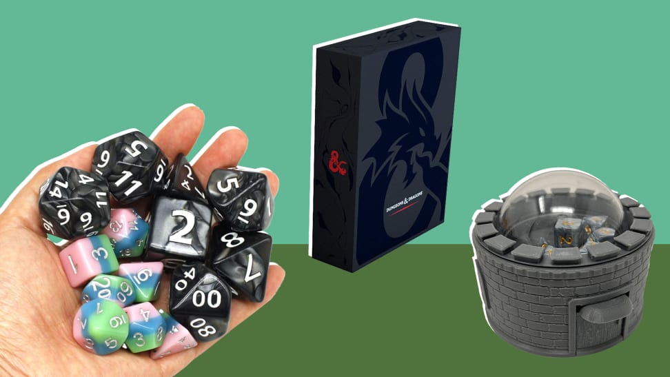 On left, person holding out multi-colored Dungeons and Dragons game dice in palm. In middle, box packaging for Dungeons & Dragons. On right, product shot of Castle Dice Popper from MunnyGrubbers.