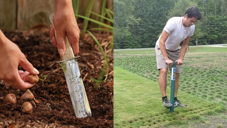 Left: A hand uses a gardening knife to plant bulbs; right: a person makes holes in his yard using a device that looks like a pogo stick.