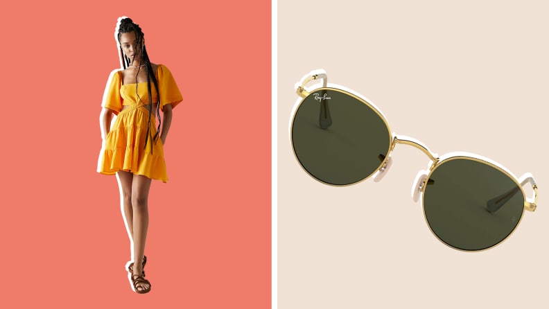 On left, model wearing yellow cut-out mini dress. On right, wire-rimmed sunglasses on a beige background.