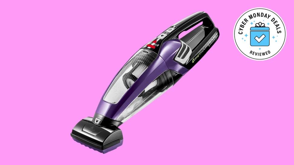 An image of a purple handheld Bissell Vacuum.