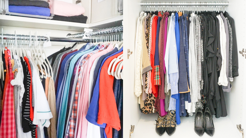 Two closets organized with streamlined hangers.