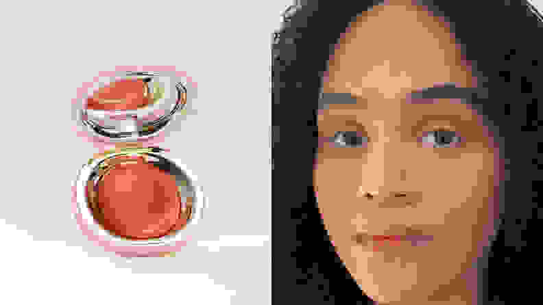 On the left: The gold and pink compact of the Rare Beauty Stay Vulnerable Melting Cream Blush is open to reveal an apricot-colored blush. On the right: A person wearing the peach-tinted blush on their cheeks.