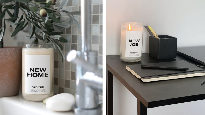 Two images of candles on desks