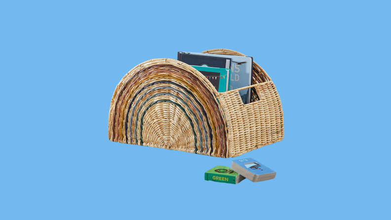 Crate&kids Rainbow Semi Circle Basket on a blue background.