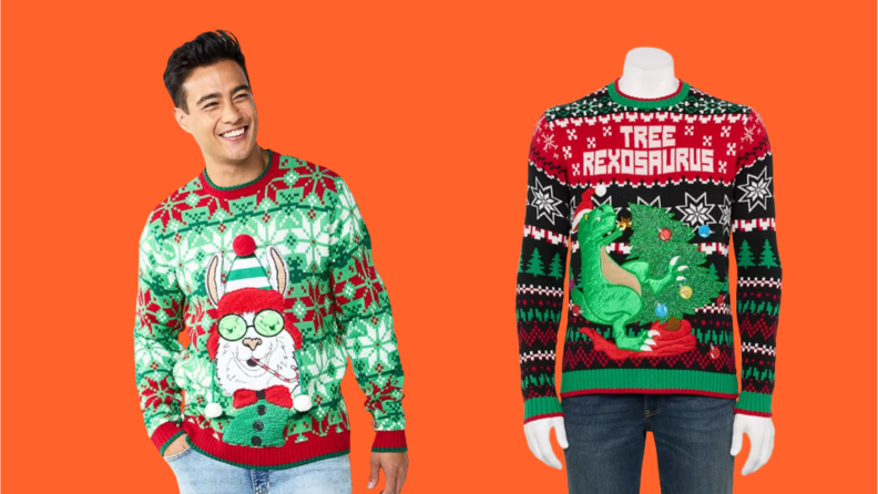 A man wears an ugly Christmas sweater with a smoking llama and another sweater with a T-Rex on it.