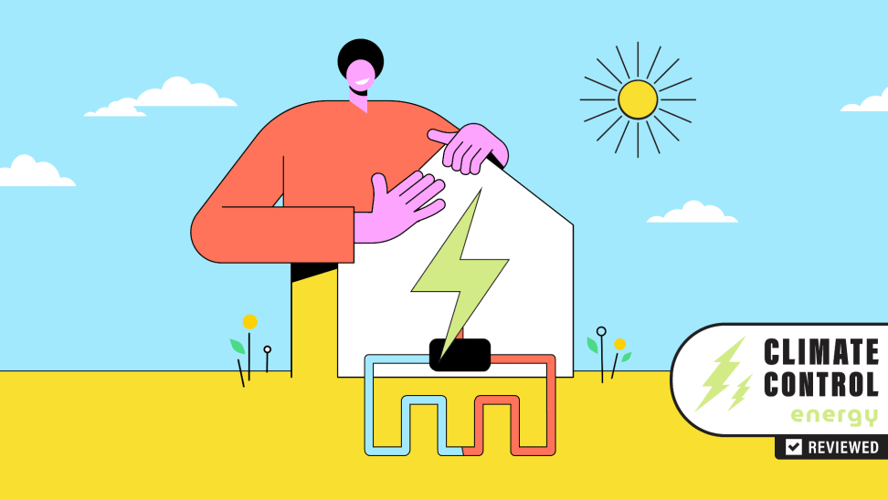 Colorful cartoon graphic of large person leaning on home outdoors.