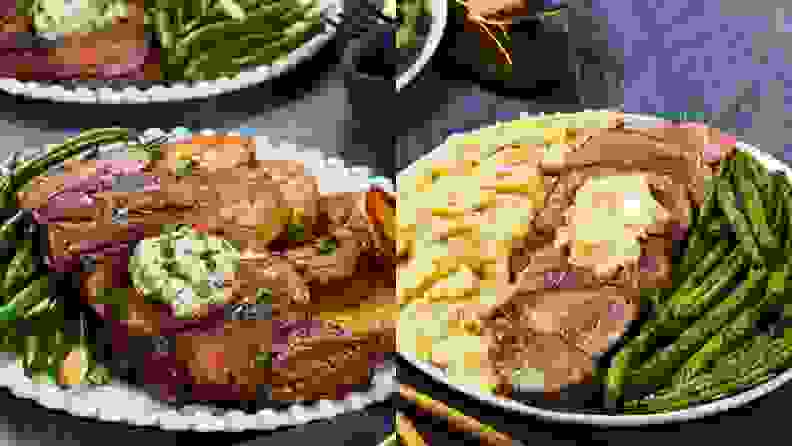 Two side-by-side images of sliced steak  served with green beans and potatoes.