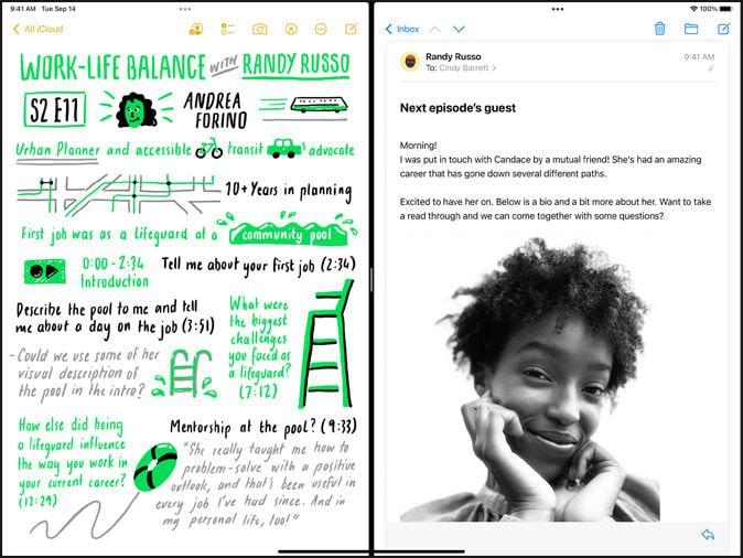 Screenshot of two apps side-by-side on iPadOS, showing a handwritten note document on the left and an email draft on the right.