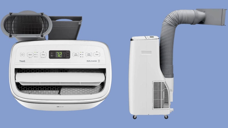 A top-down and side-on view of the LG LP1419IVSM portable air conditioner on a blue background