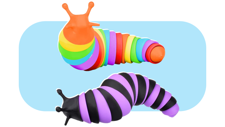 Product shot of two multi-colored Fidget Slugs.