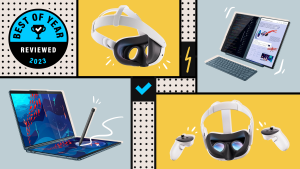 Blue and yellow photo collage showcasing the Meta Quest 3 VR Headset alone and in the middle of two, white Touch Plus controllers, a blue check mark and the Lenovo Yoga Book 9i laptop with keyboard and with stylus pen writing on screen.