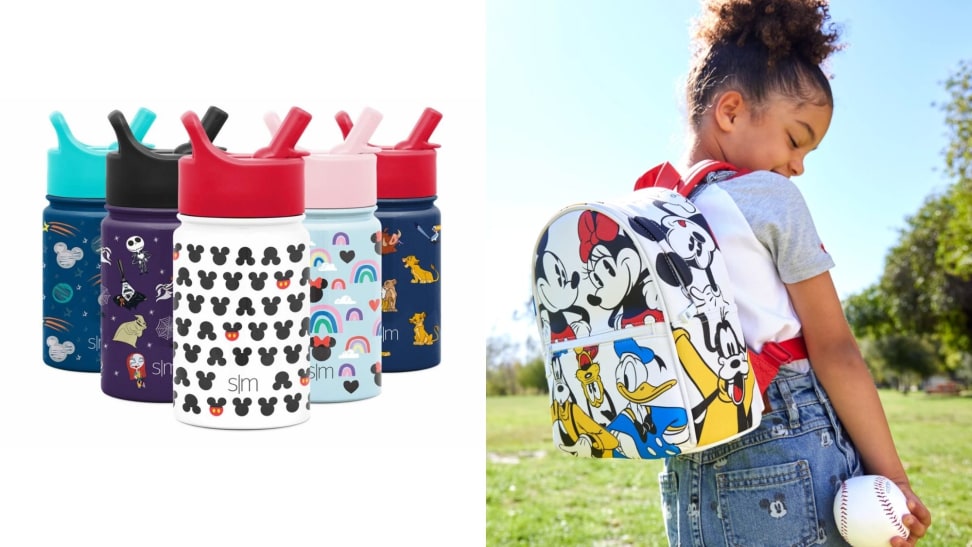 A set of Disney-themed water bottles and a child in a Disney-themed backpack.