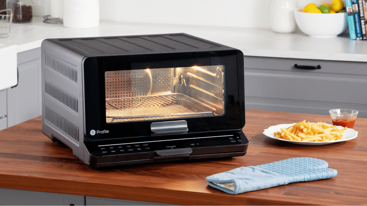 The GE Smart Oven on a wooden countertop