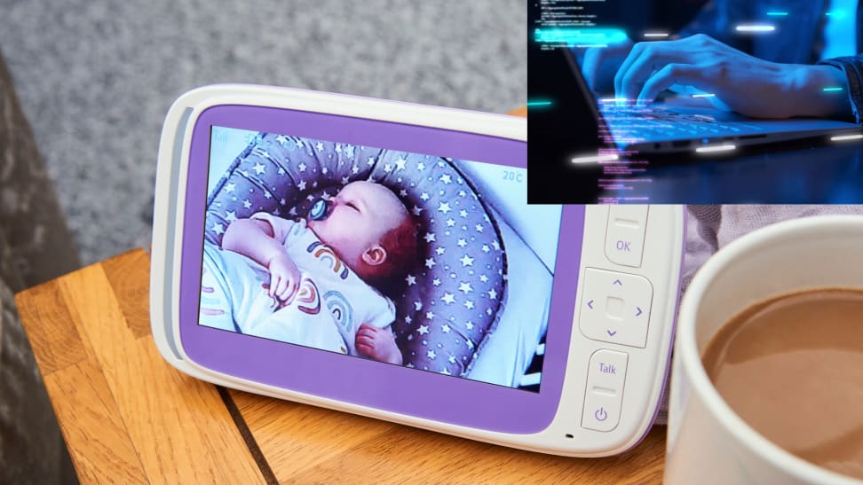 A baby monitor displaying a sleeping baby with an image of a hacker typing on a keyboard on the corner.