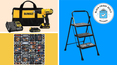 A DeWalt power drill, tool organizer, and step ladder in a single image